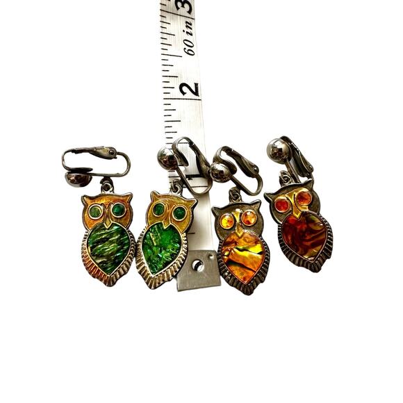 Vintage Owl Clip On Earrings Abalone Shell Yellow Set - Picture 5 of 6